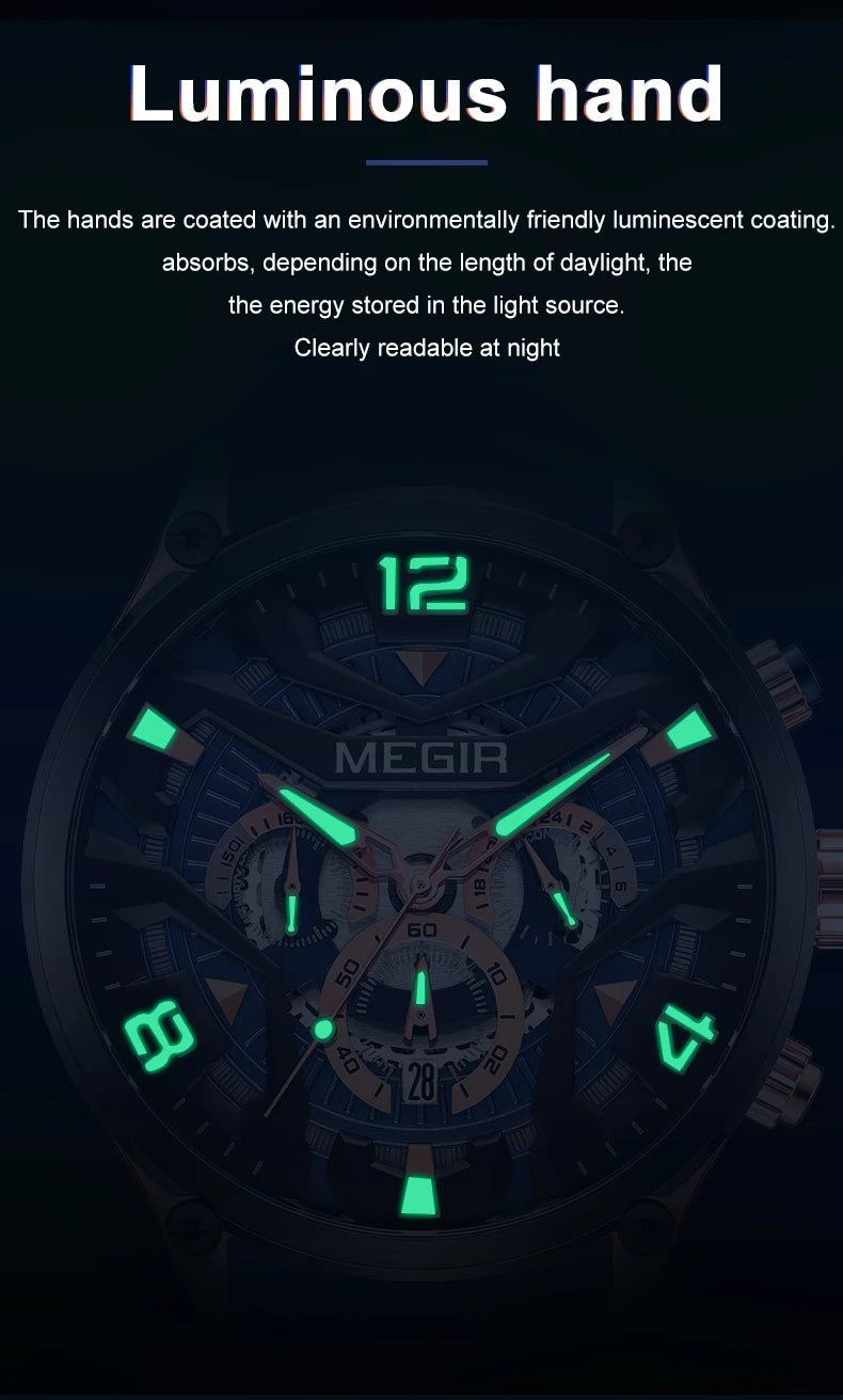 MEGIR 2222 Chronograph Silicone Watch — 43mm, Luminous, Day/Date