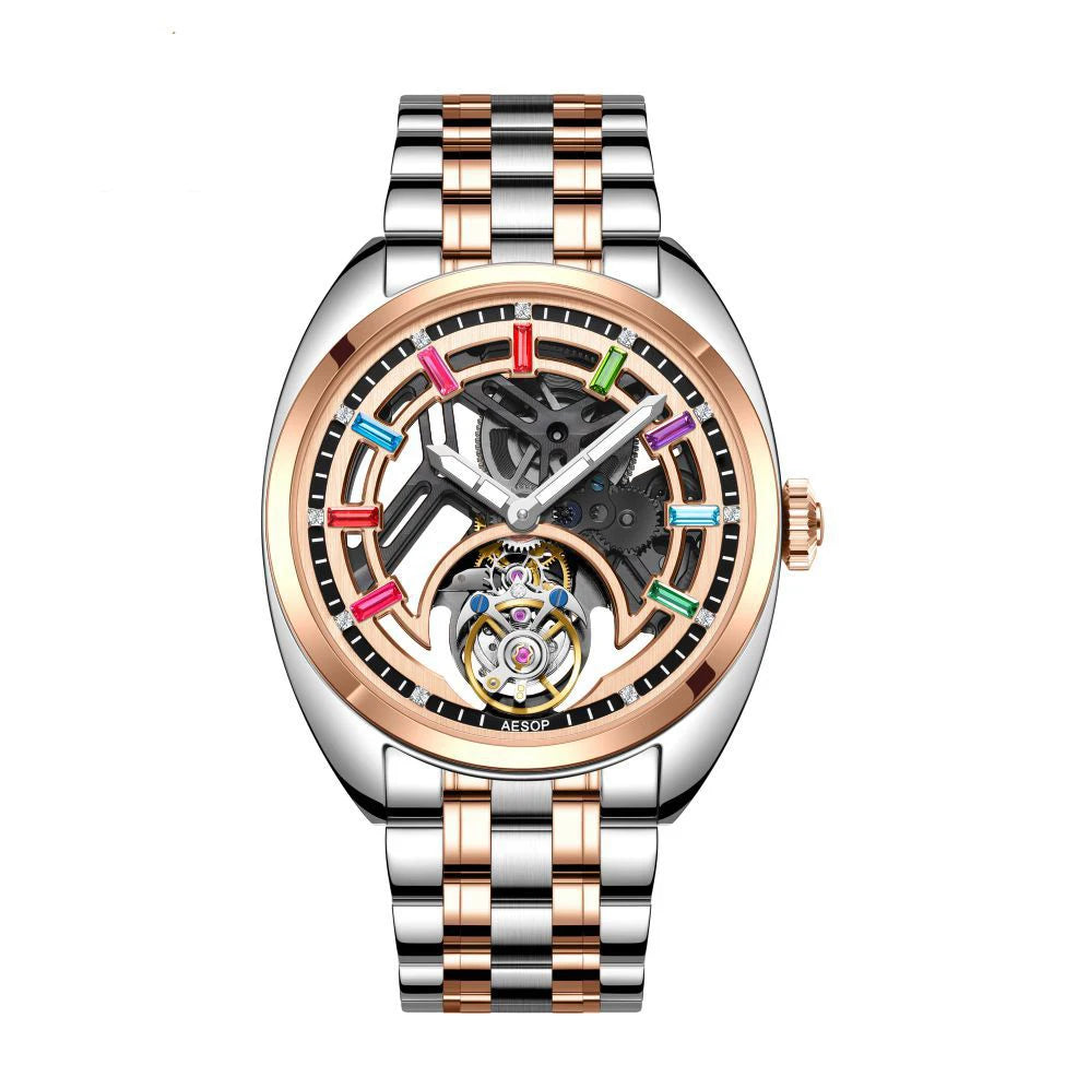Flying Tourbillon Skeleton Color Diamond Watch — Square, Sapphire, Leather