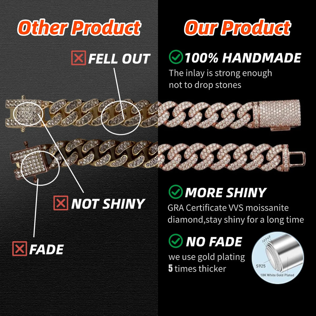 18mm Cuban Link Chain Moissanite Iced Out Miami Gold Silver 925 Necklace Set Heavy Moissanite Chain