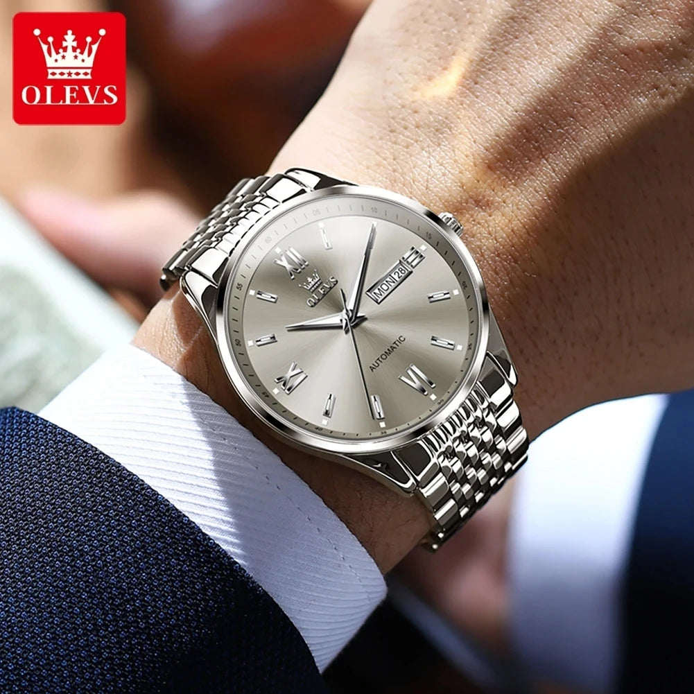 OLEVS 6777 Automatic Mechanical Watch — 40mm, Leather, Full Calendar