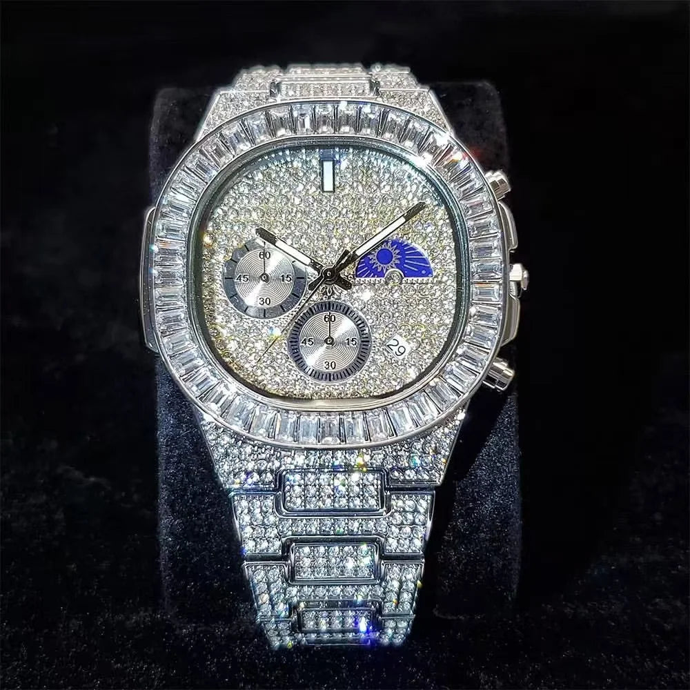 Iced Out Diamond Square Quartz Watch — 44mm, Day/Date, 3BAR