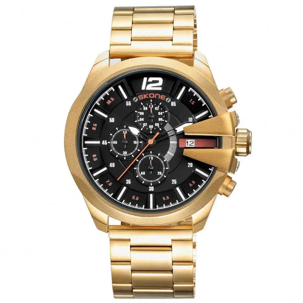 SKONE 7428 Chronograph Quartz Watch — 45mm, Day/Date, Hardlex, Hidden Clasp