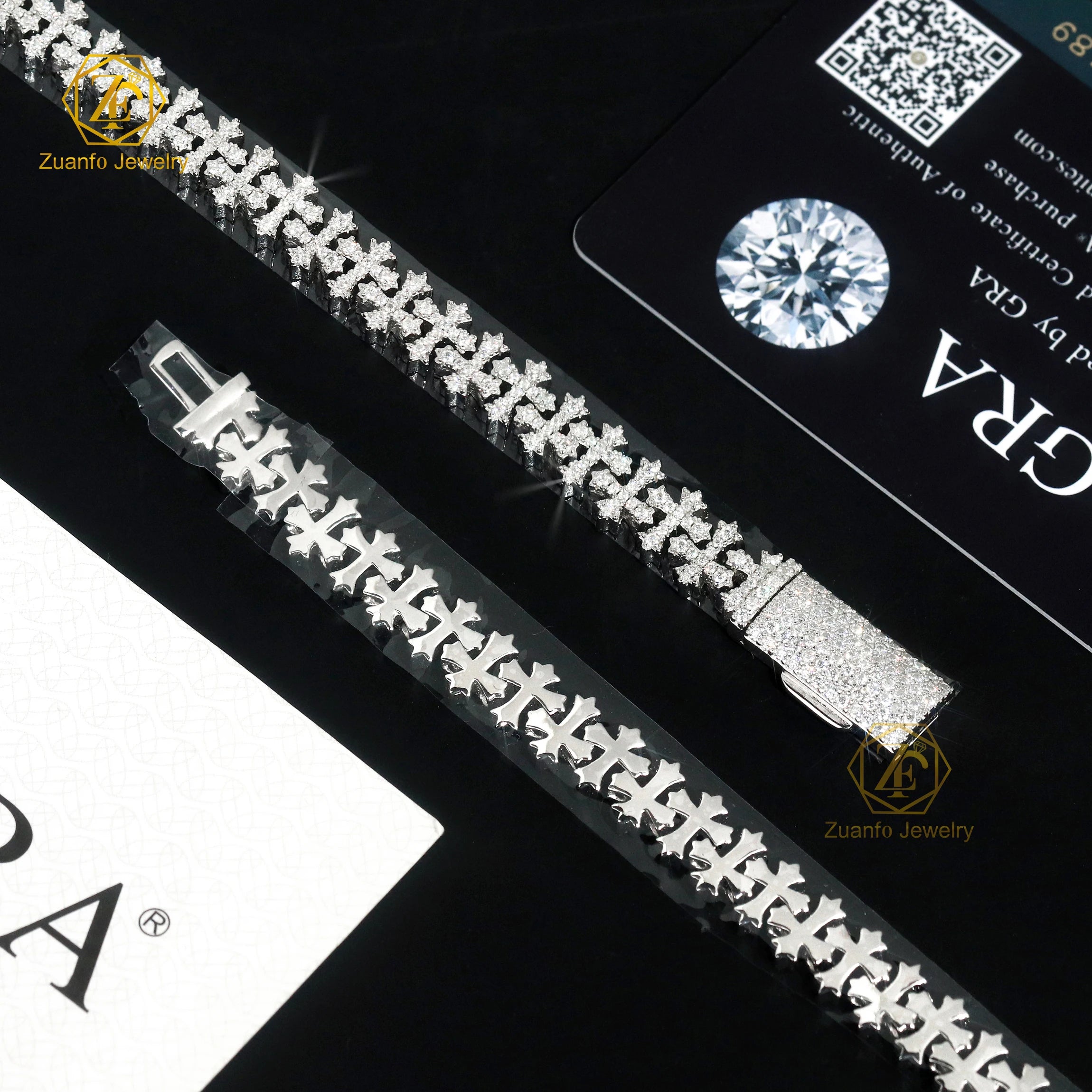Custom Heart & Cross Design 925 Silver Gold Plated Hip Hop Style Cuban Link Chain Bracelet with Moissanite Stones