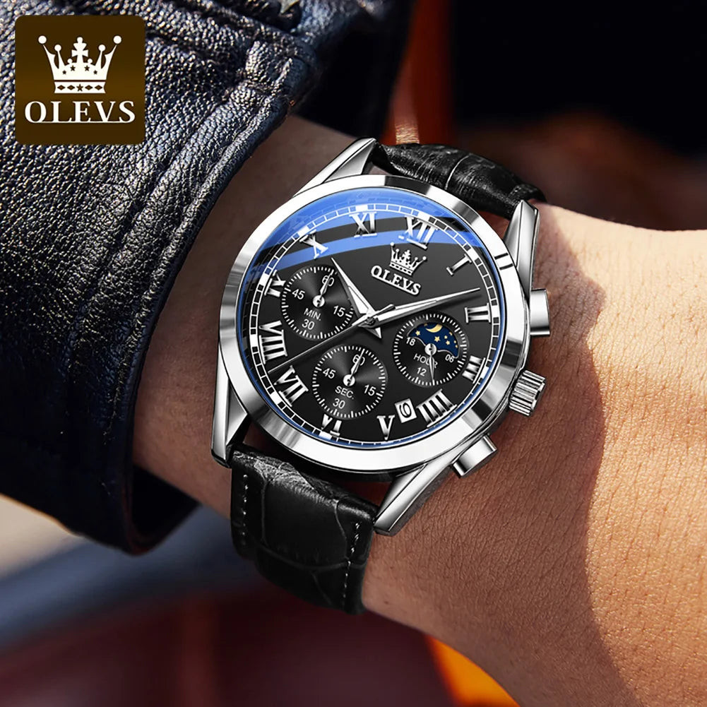OLEVS 2871 Moon Phase Quartz Watch — 41mm, Leather, Hidden Clasp