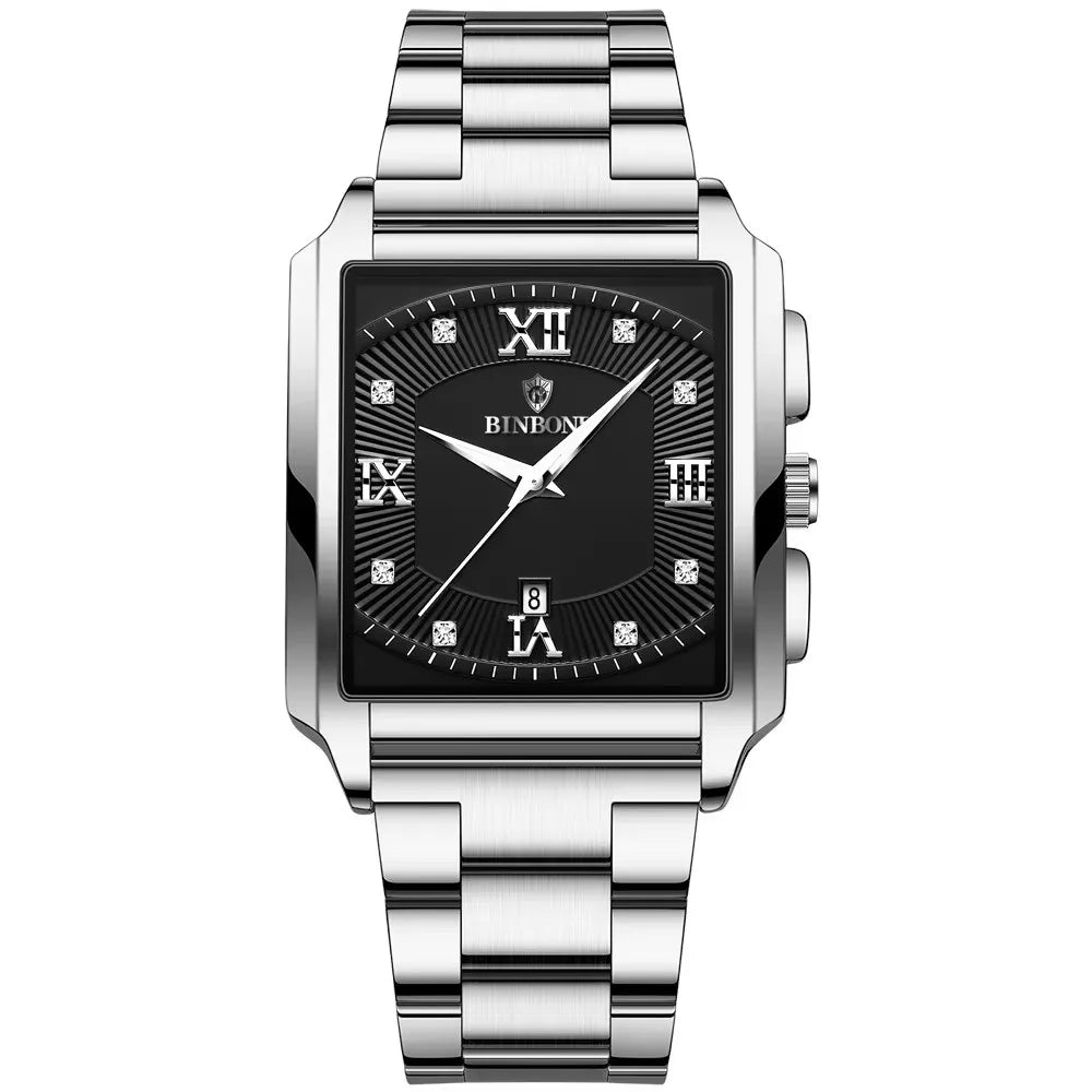 BINBOND B4143 Square Quartz Watch — 43mm, Luminous, Day/Date, 3BAR