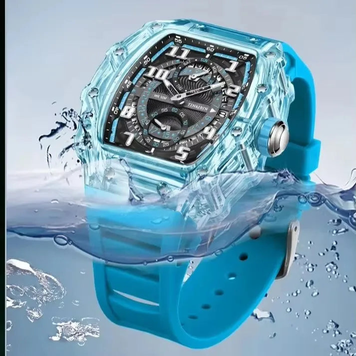 TINAIBIN Transparent Tonneau Quartz Sport Watch — 44.5mm, Luminous, 3BAR