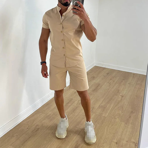 Casual Mens Shirt Set Fashion Stand Collar Short Sleeve Tops and Shorts Two Piece Set Summer Solid Color Men Tracksuit Outfits