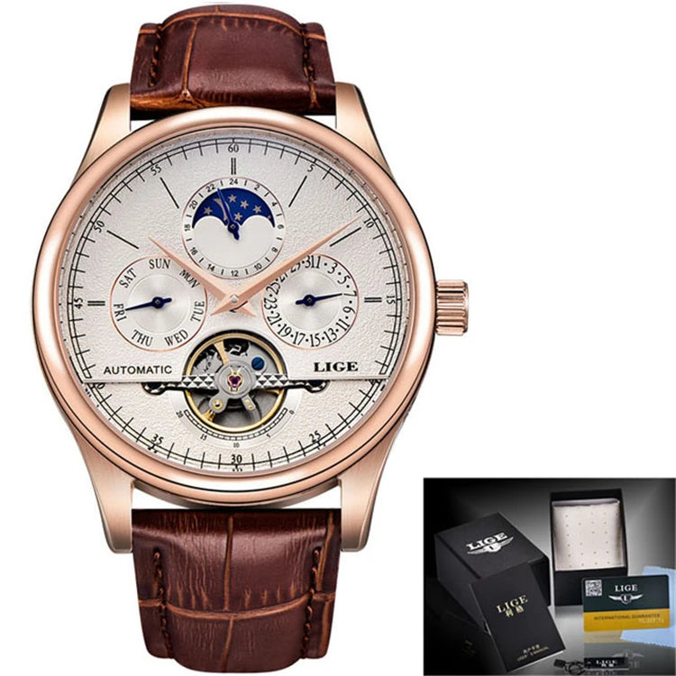 LIGE Skeleton Moon Phase Quartz Watch — 42mm, Leather, Japan Movement
