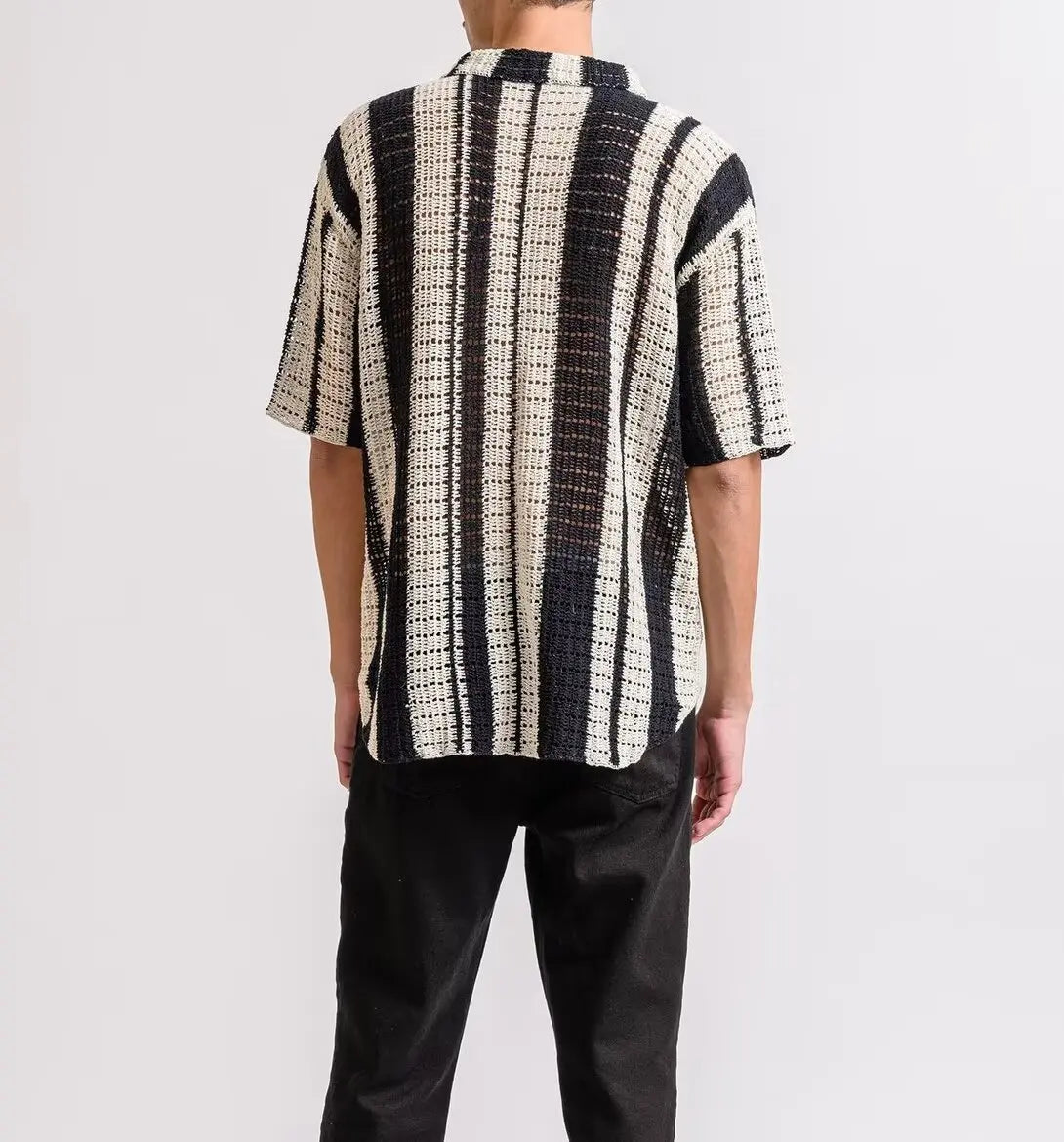 Hollowed Striped Knitted Lapel Shirt for Men in Summer Retro Half Sleeved Casual Shirt Short Sleeve Customization LOGO