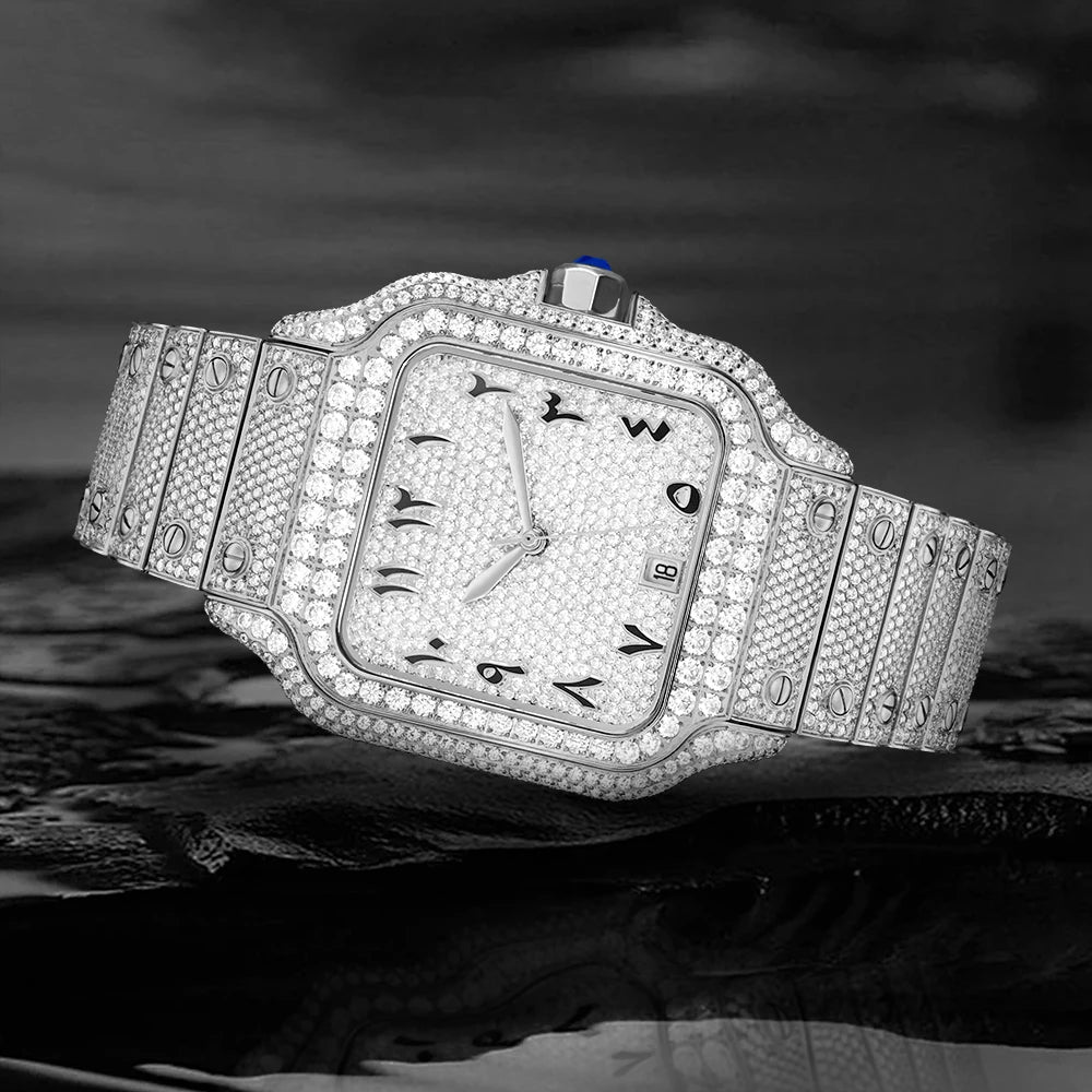 Full Diamond VVS1 Moissanite Sport Watch — Square Case, Sapphire, Butterfly Clasp