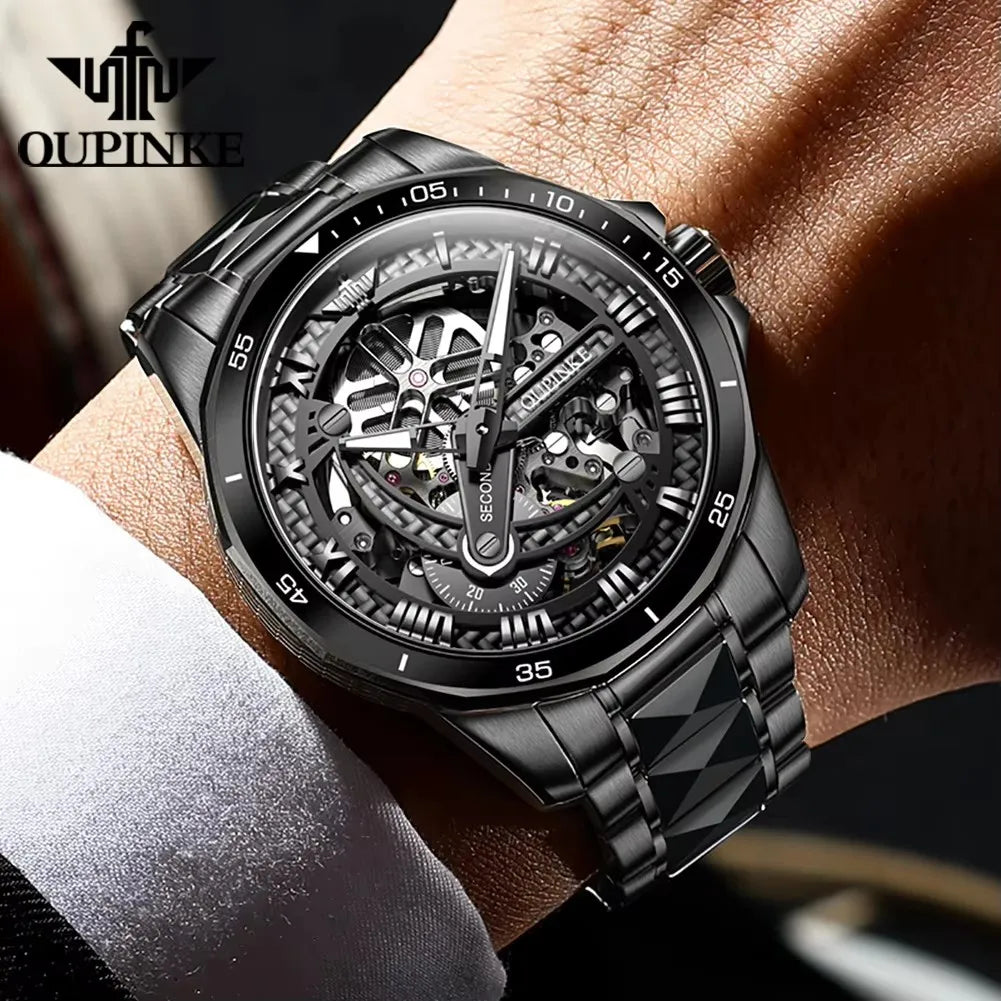 OUPINKE Tungsten Skeleton Automatic Watch — Sapphire, 5BAR, Week Display
