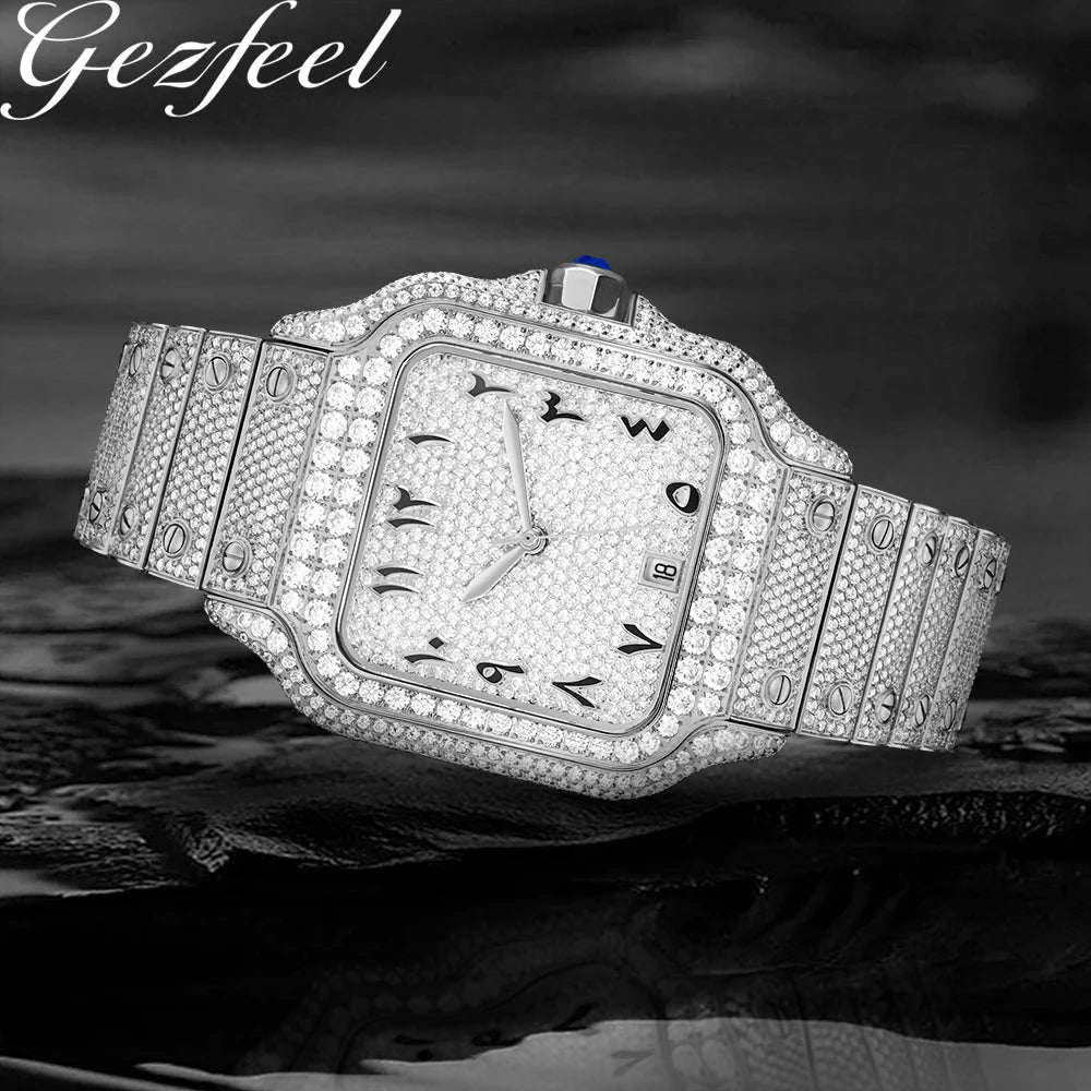 Full Diamond VVS1 Moissanite Sport Watch — Square Case, Sapphire, Butterfly Clasp