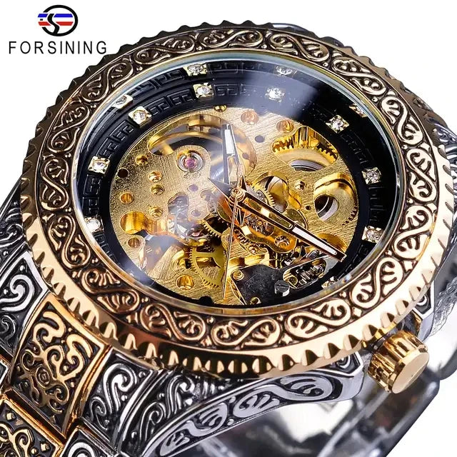 Forsining Gold Diamond Skeleton Automatic Watch — 44mm Oval, Luminous