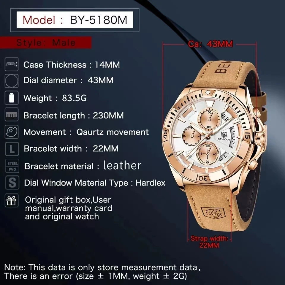 BENYAR 5180 Chronograph Quartz Watch — 43mm, Calendar, 3BAR