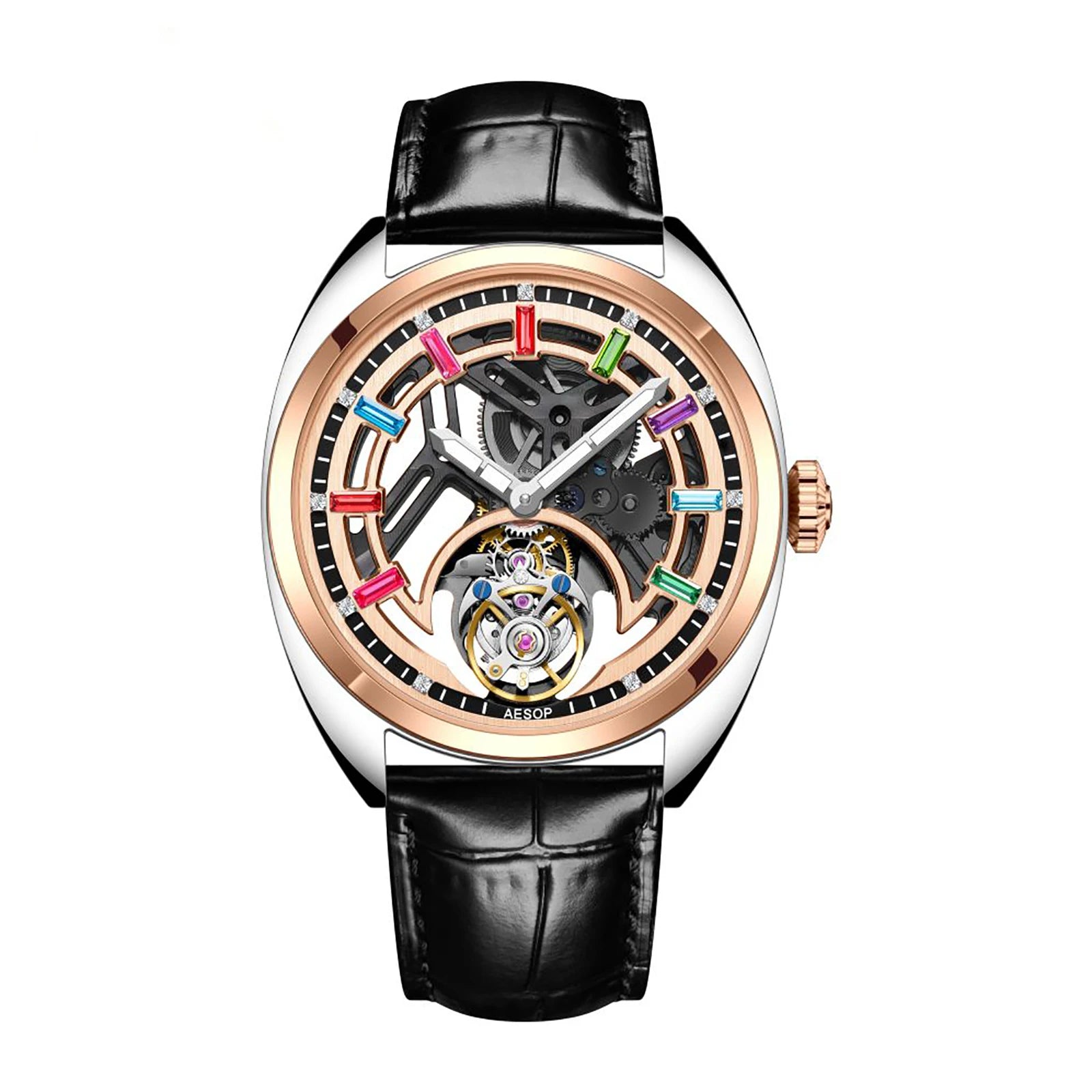 Skeleton Luminous Sapphire Tourbillon Watch — Round, 42mm, Leather