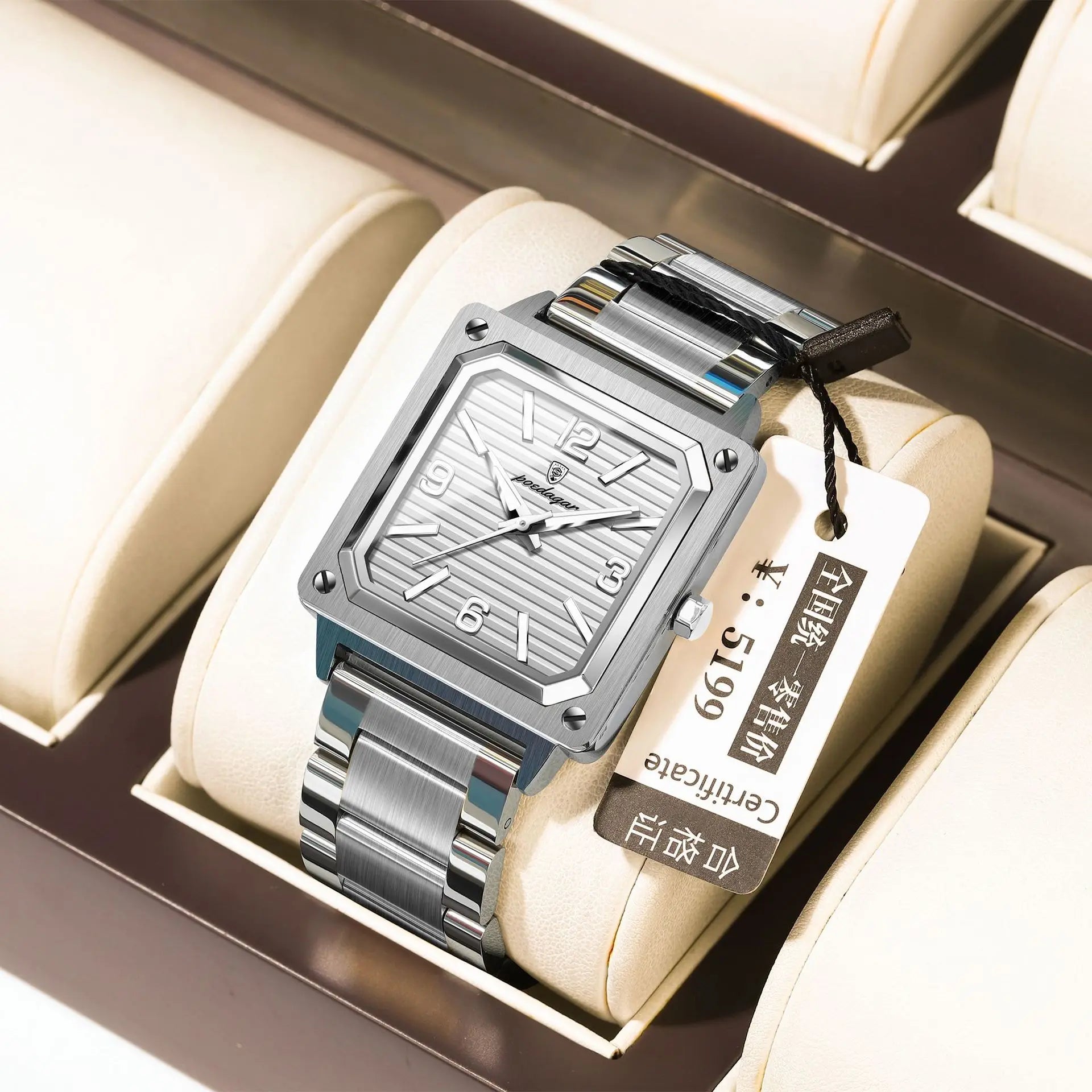 POEDAGAR 870 Big Dial Square Quartz Watch — Day/Date, Stainless, 3BAR