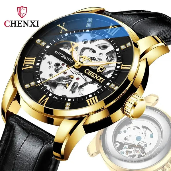 CHENXI 8802 Hollow Mechanical Watch — 40mm Oval, Leather Strap, Luminous