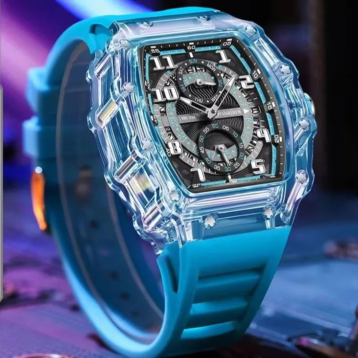 TINAIBIN Transparent Tonneau Quartz Sport Watch — 44.5mm, Luminous, 3BAR