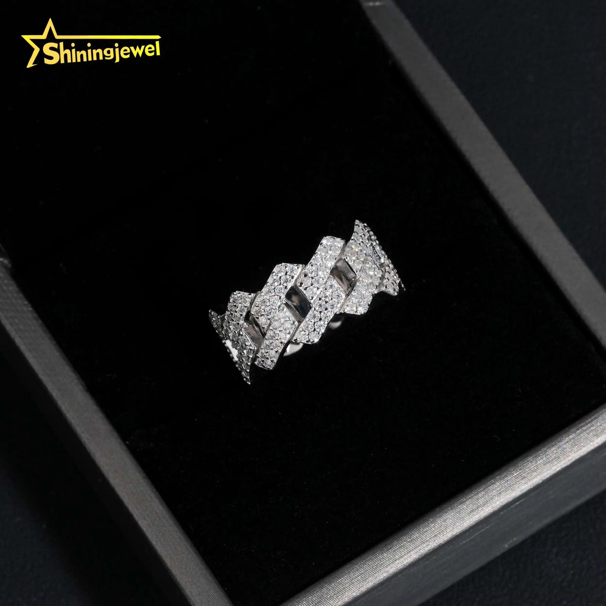 Factory Direct High Quality Hip Hop Two Row 925 Sterling Silver Moissanite Iced Out Cuban Ring