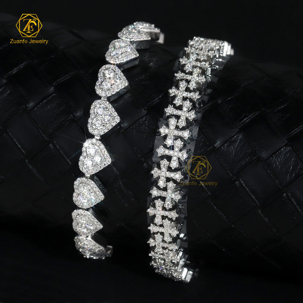 Custom Heart & Cross Design 925 Silver Gold Plated Hip Hop Style Cuban Link Chain Bracelet with Moissanite Stones