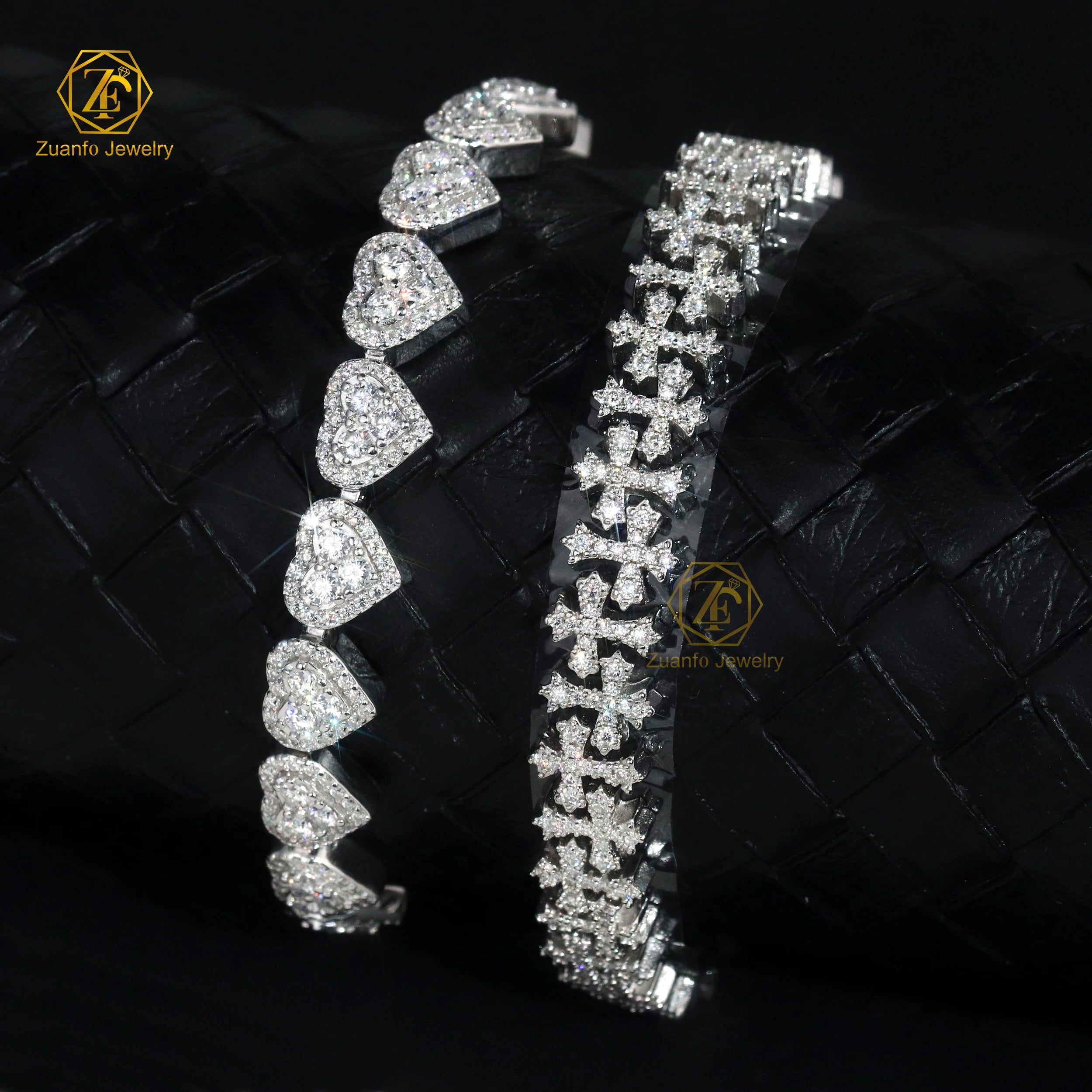 Custom Heart & Cross Design 925 Silver Gold Plated Hip Hop Style Cuban Link Chain Bracelet with Moissanite Stones