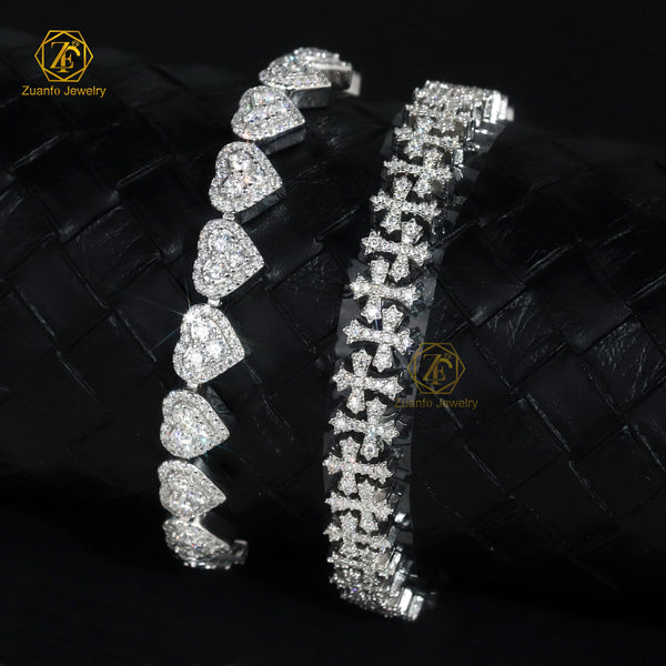 Custom Heart & Cross Design 925 Silver Gold Plated Hip Hop Style Cuban Link Chain Bracelet with Moissanite Stones