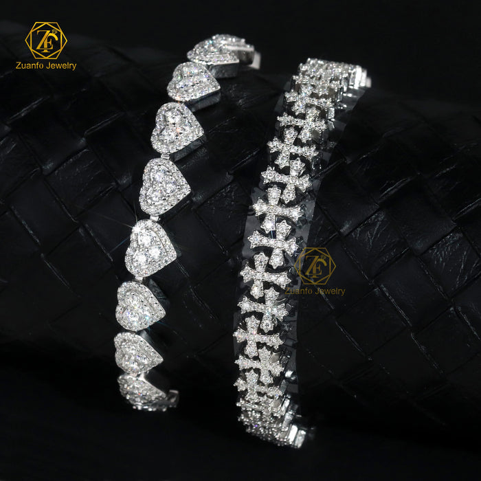 Custom Heart & Cross Design 925 Silver Gold Plated Hip Hop Style Cuban Link Chain Bracelet with Moissanite Stones