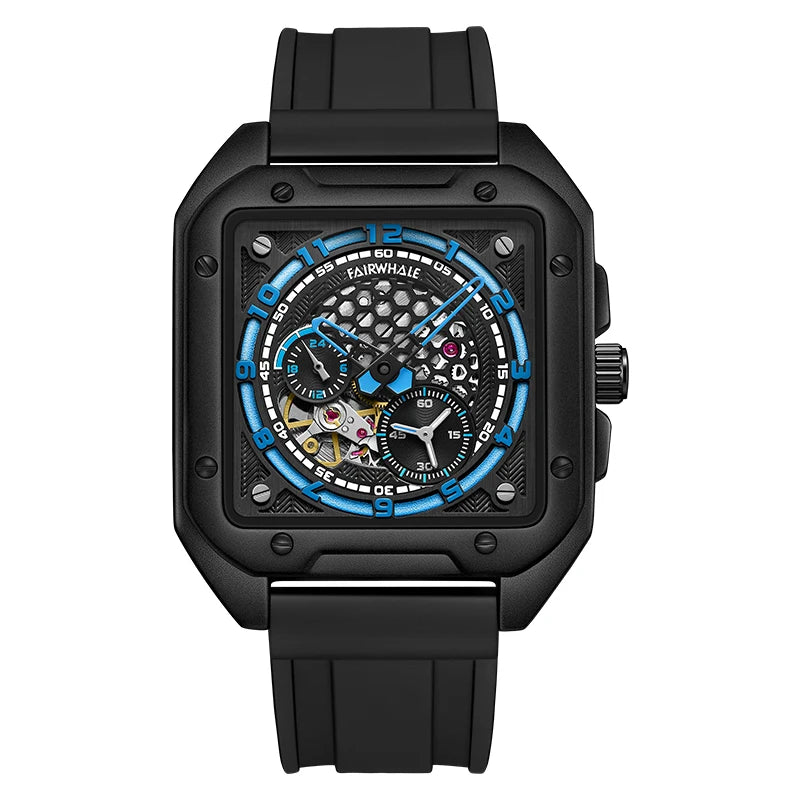 Fairwhale Skeleton Automatic Watch — Square Case, Silicone Strap, 3BAR