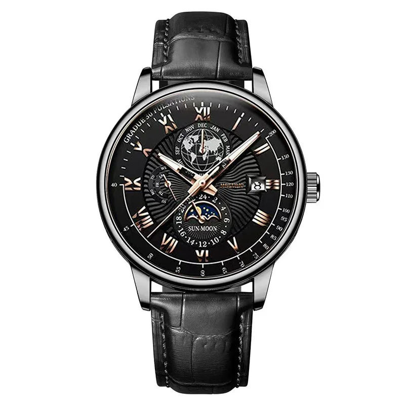 Men's Fashion Leather Oval Quartz Watch — 40mm, Day/Date, 3BAR