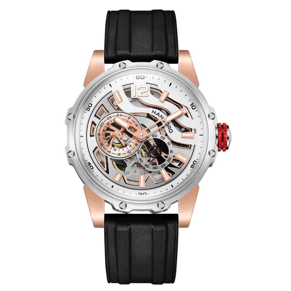 HANBORO Zebra Stripe Automatic Watch — 44mm Round, Crystal, Rubber Strap