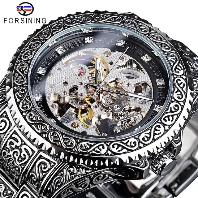 Forsining Gold Diamond Skeleton Automatic Watch — 44mm Oval, Luminous