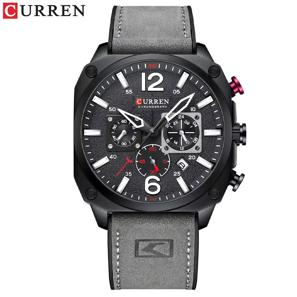 CURREN 8398 Leather Chronograph Watch — 45mm, Stopwatch, Luminous, 3BAR