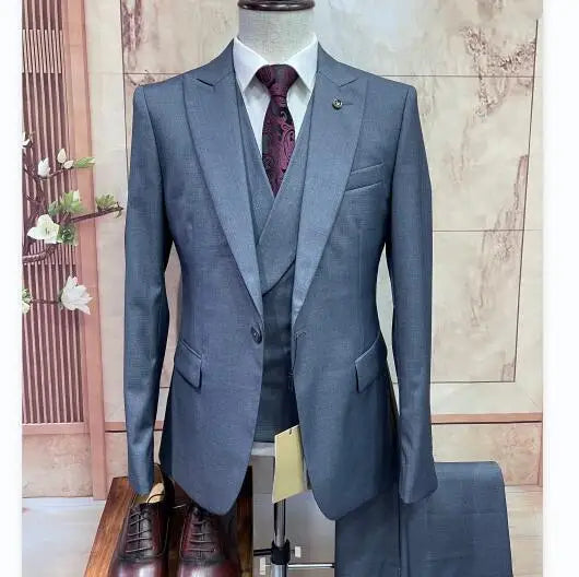 Grey  Party Slim Fit One Button Groom Two Slits Business (Jacket+waistcoat+pants) Men Groom Wedding Suits MS605