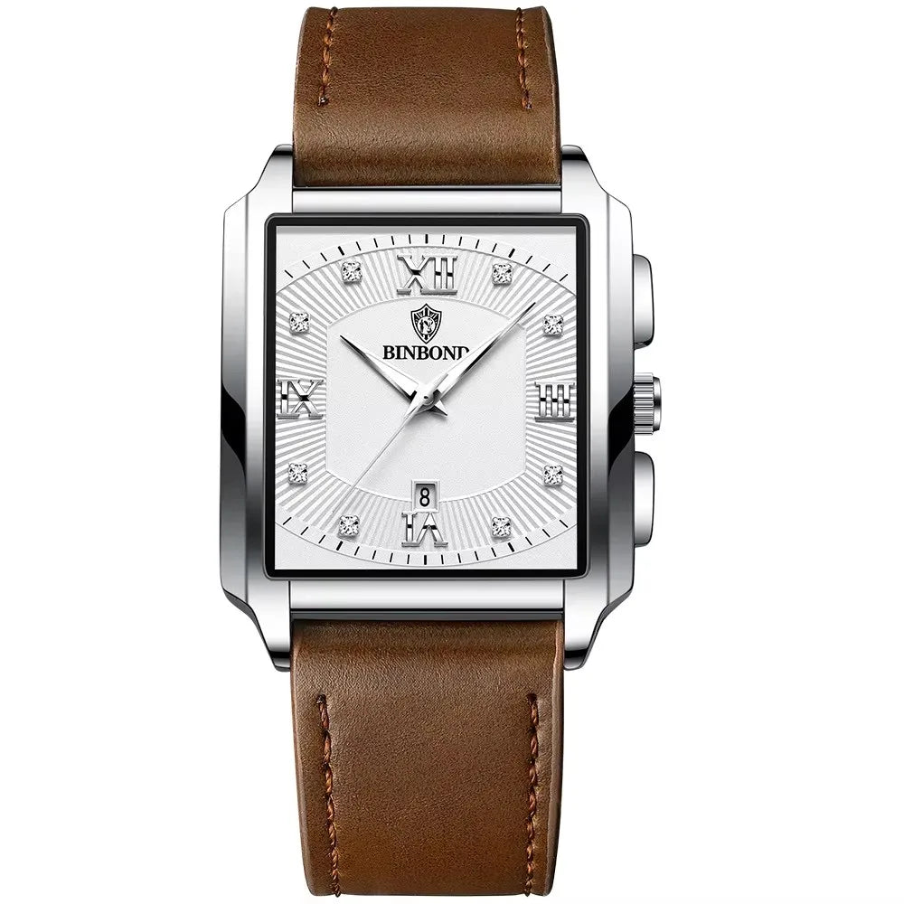 BINBOND B4143 Square Quartz Watch — 43mm, Luminous, Day/Date, 3BAR