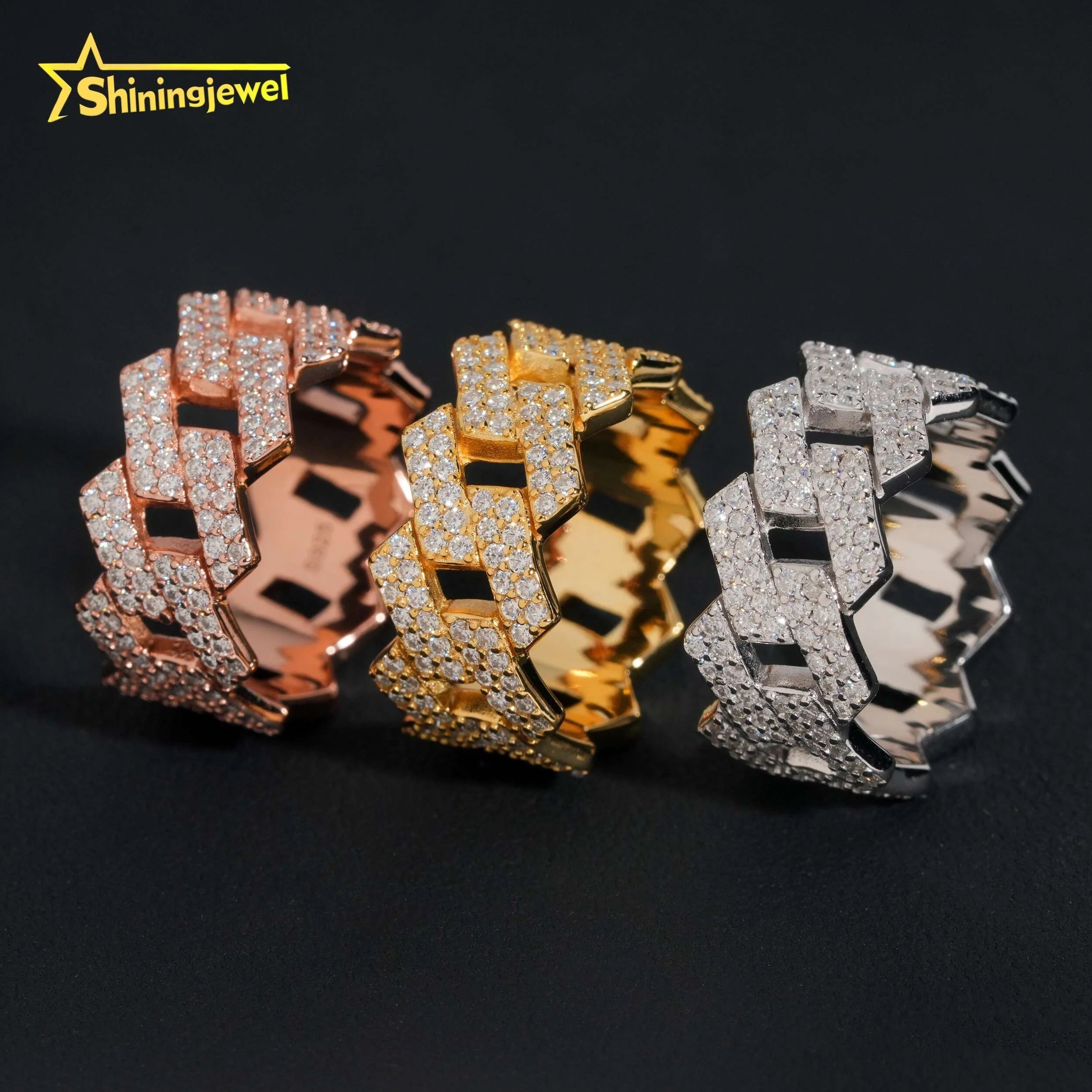 Factory Direct High Quality Hip Hop Two Row 925 Sterling Silver Moissanite Iced Out Cuban Ring