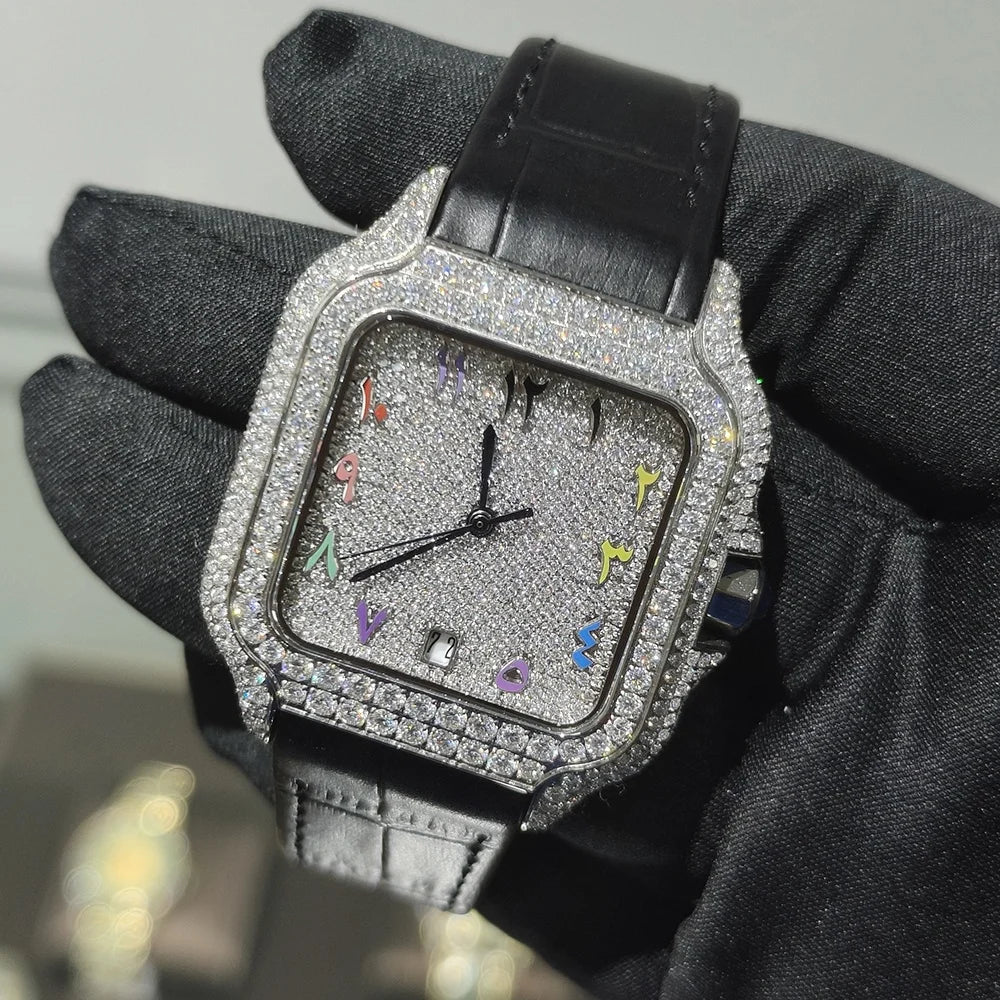 Hip Hop Square Moissanite Watch — Automatic, Leather Strap, Sapphire