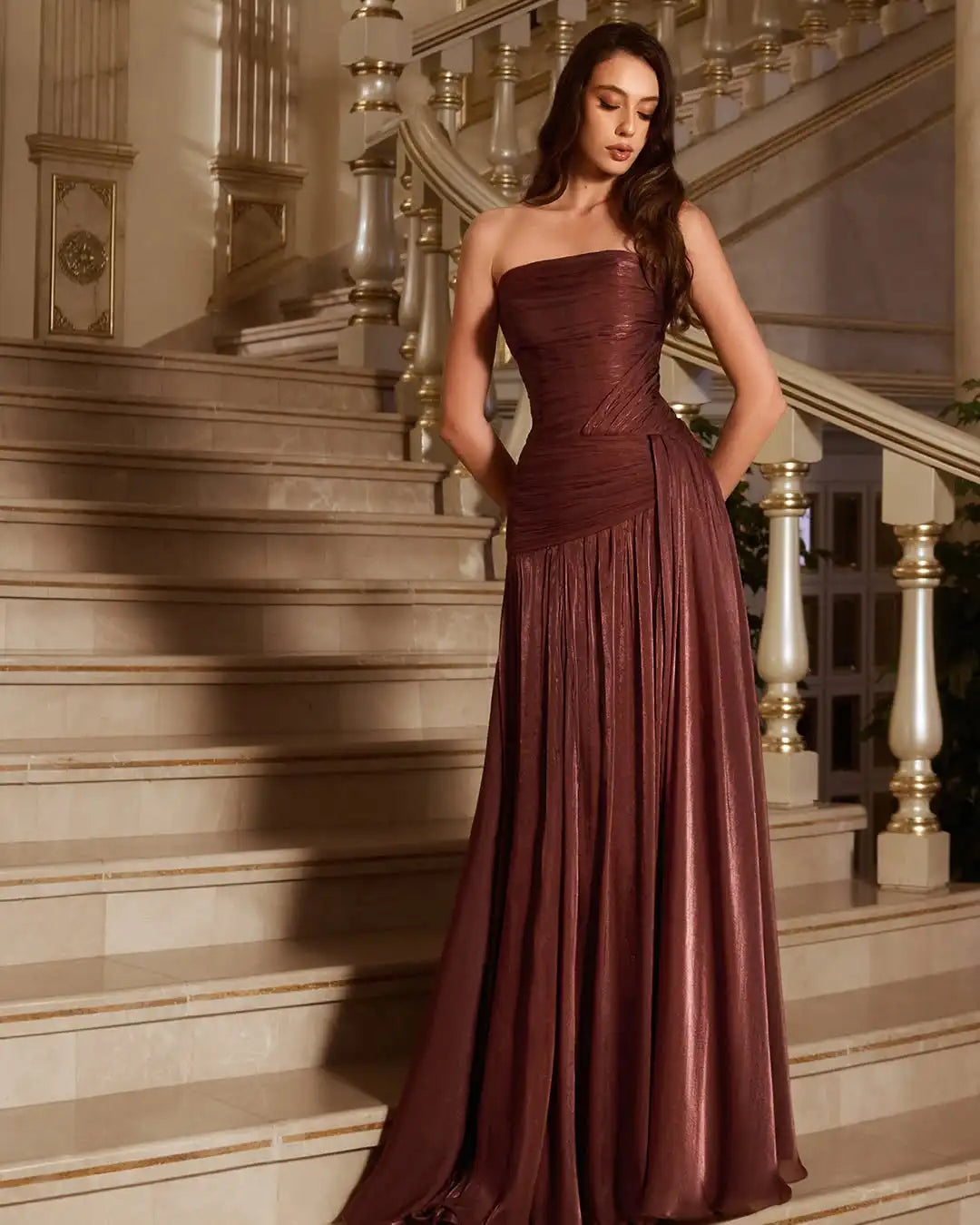 Sharon Said SF175 Rust Red a Line Evening Dress Side Skirt Pleated Draped Women's Simple Prom Party Gowns