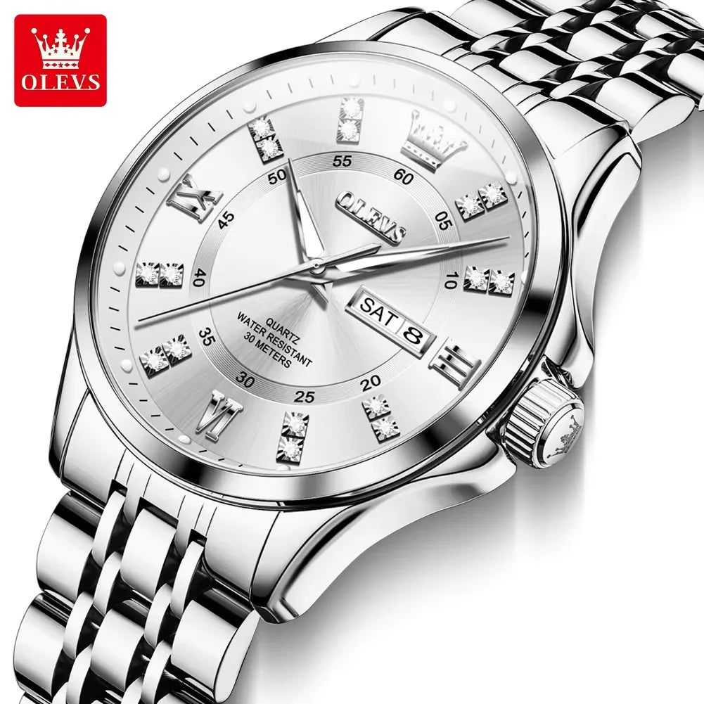 OLEVS 3620 Diamond Chronograph Quartz Watch — 41mm, Auto Date, Luminous