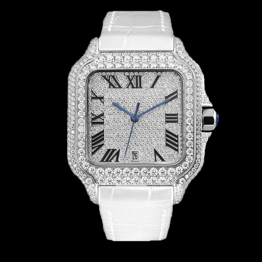 Hip Hop Square Moissanite Watch — Automatic, Leather Strap, Sapphire