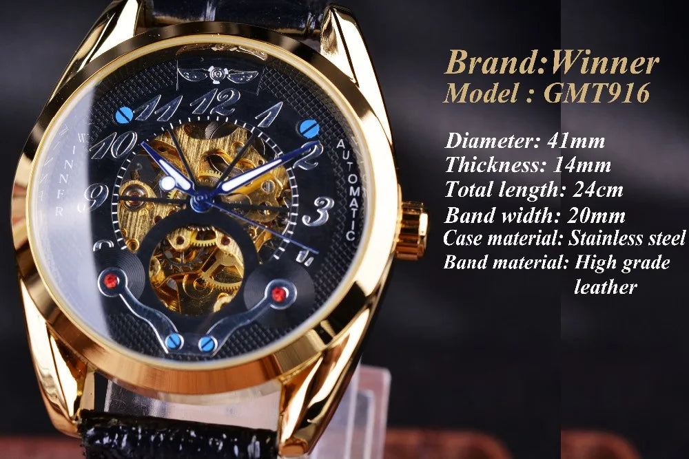 Winner Fashion Gold Oval Watch — Japan Movement, Auto Date, Backlight