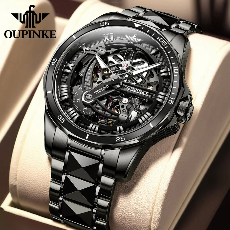 OUPINKE Tungsten Skeleton Automatic Watch — Sapphire, 5BAR, Week Display