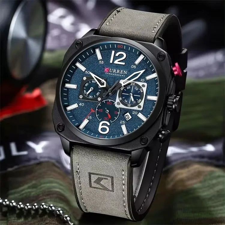 CURREN 8398 Leather Chronograph Watch — 45mm, Stopwatch, Luminous, 3BAR