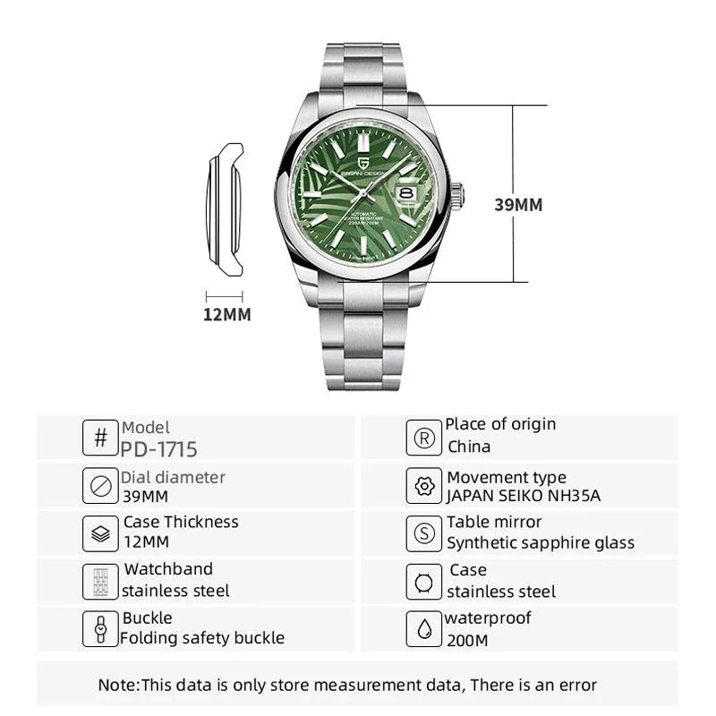 PAGANI DESIGN 39mm Palm Leaf NH35A Automatic Watch — Sapphire, 10BAR