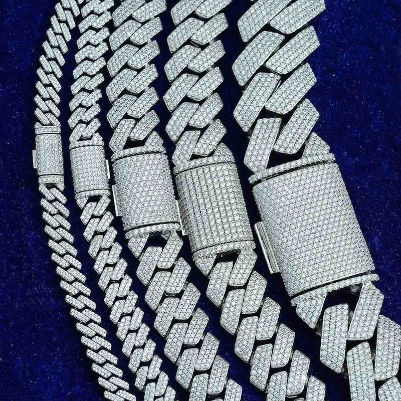Pass Diamond Tester GRA Hip Hop S925 Silver Iced Out Bling 3 Rows 14mm 16mm 18mm 20mm VVS Moissanite Cuban Link Chain for Men