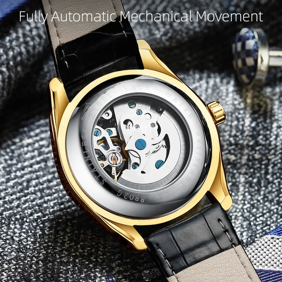 CHENXI 8802 Hollow Mechanical Watch — 40mm Oval, Leather Strap, Luminous