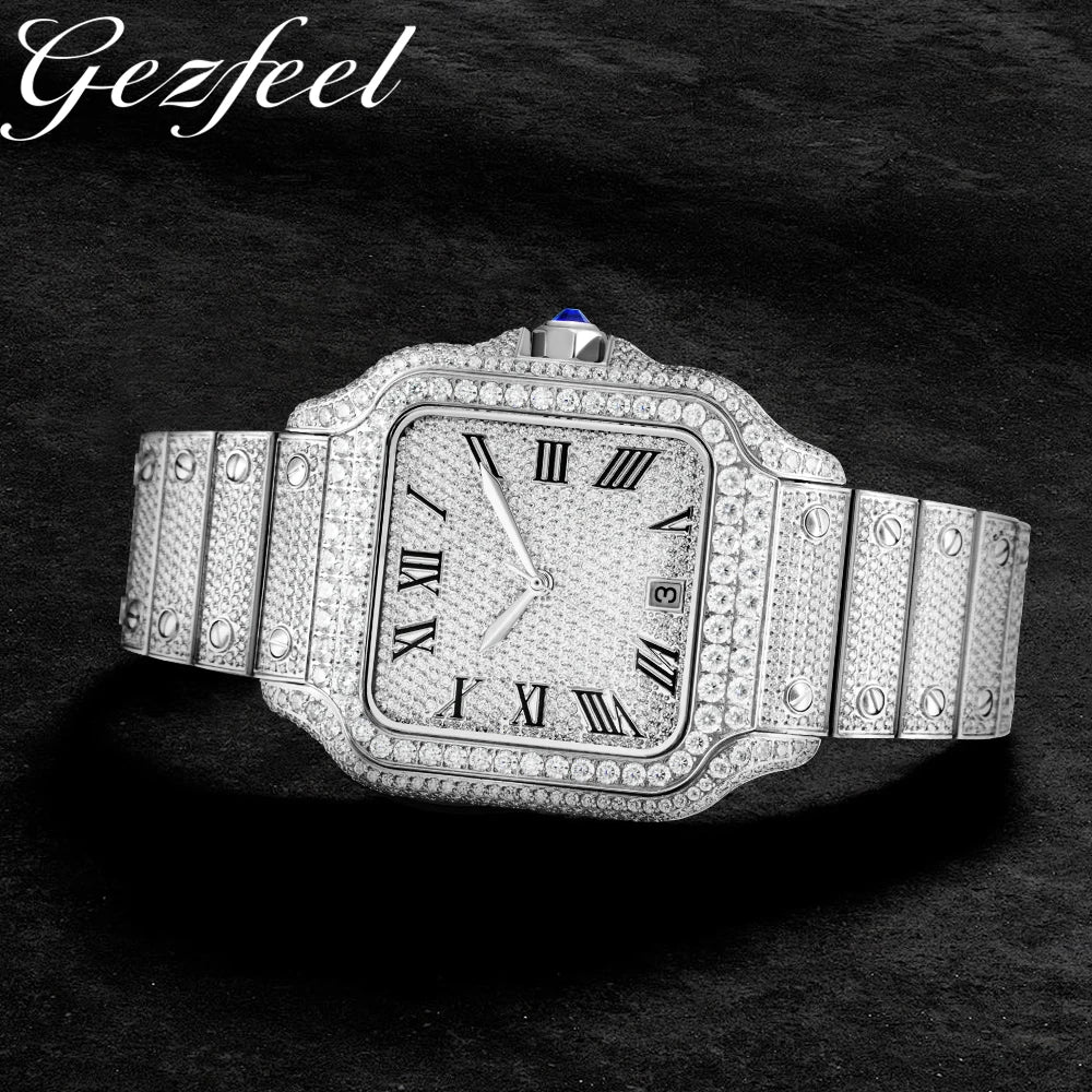 Full Diamond VVS1 Moissanite Sport Watch — Square Case, Sapphire, Butterfly Clasp