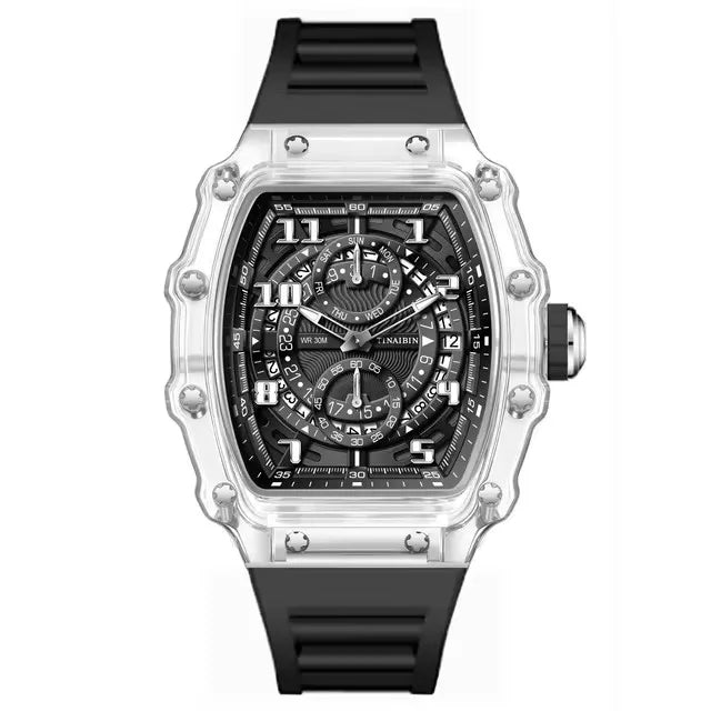 TINAIBIN Transparent Tonneau Quartz Sport Watch — 44.5mm, Luminous, 3BAR