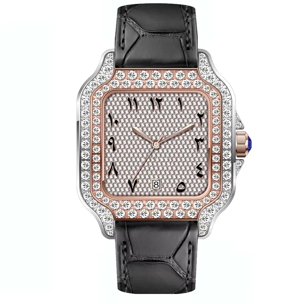 Hip Hop Square Moissanite Watch — Automatic, Leather Strap, Sapphire