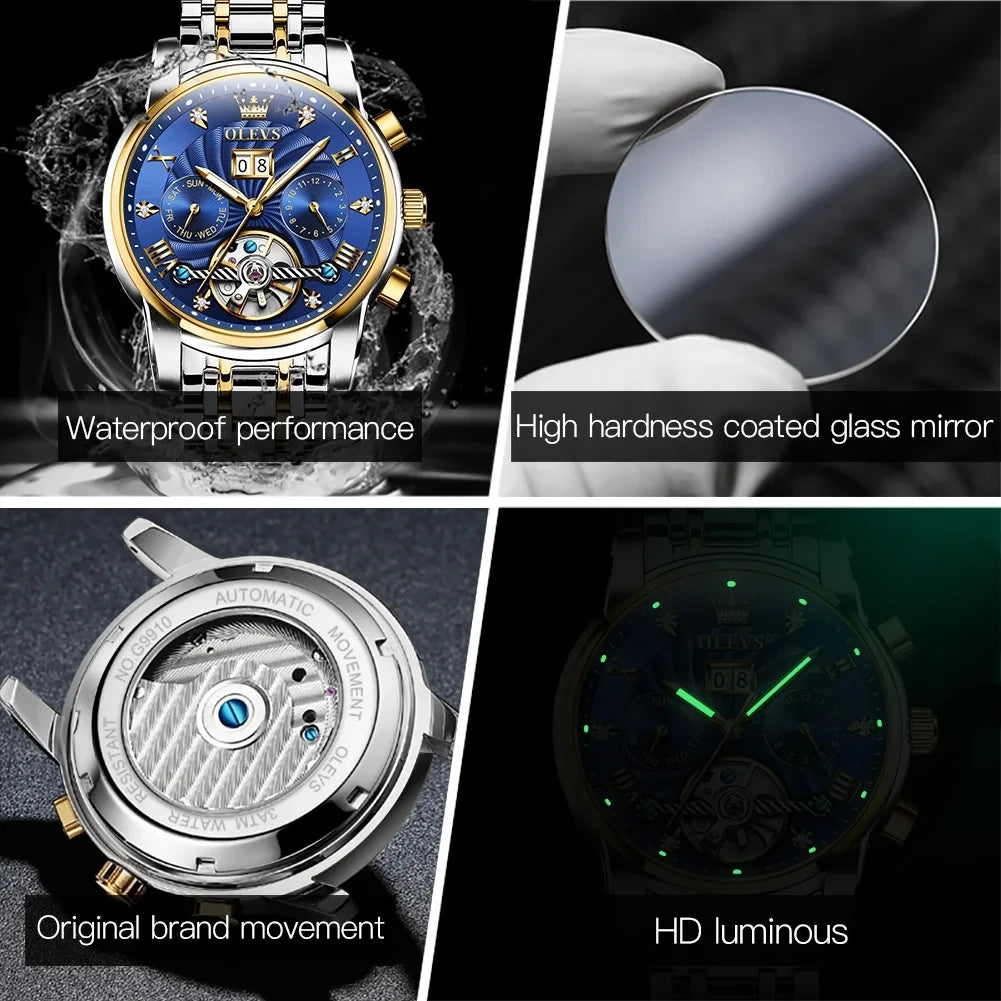 OLEVS 9910 Automatic Mechanical Watch — 41mm, Luminous, Steel Bracelet