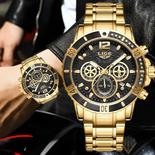 LIGE Fashion All-Steel Quartz Watch — 42mm, Day/Date, Luminous, 3BAR